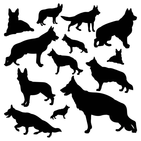Σιλουέτα Ενός Γερμανού Βοσκού Μαύρη Σιλουέτα Σκύλου Σετ Εικονογραφήσεων — Διανυσματικό Αρχείο