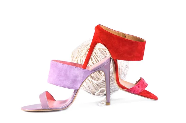 Women Leather handmade shoes. Pink and Red heels sandals. — Stock Photo, Image