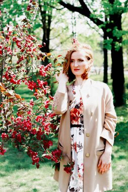 genç kadın bir elma bahçesi. Kızıl saçlı kız portresi.