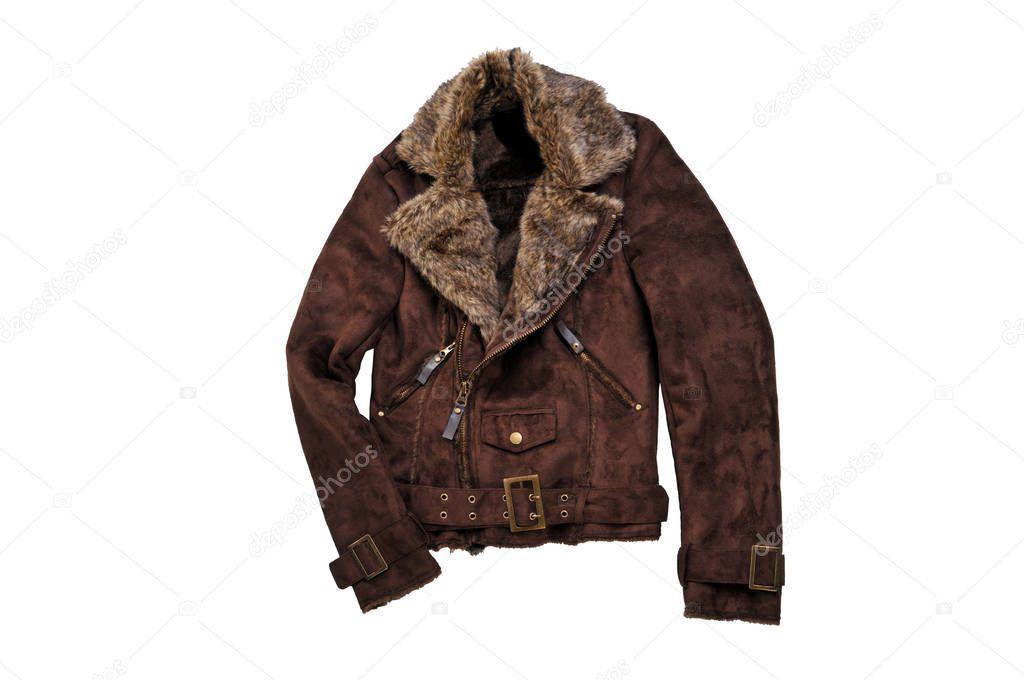 Warm brown shearling winter coat isolated on white. Casual jacke