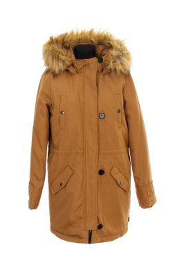 Hardal renginde parka ceket. beyaz arkaplanda izole