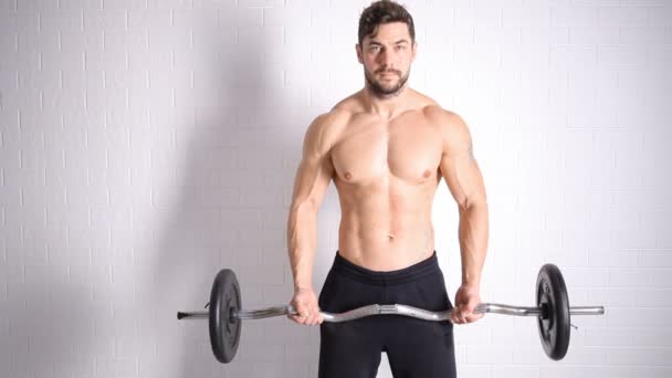 Dumbbells ile egzersiz yapan güçlü üstsüz erkek — Stok video