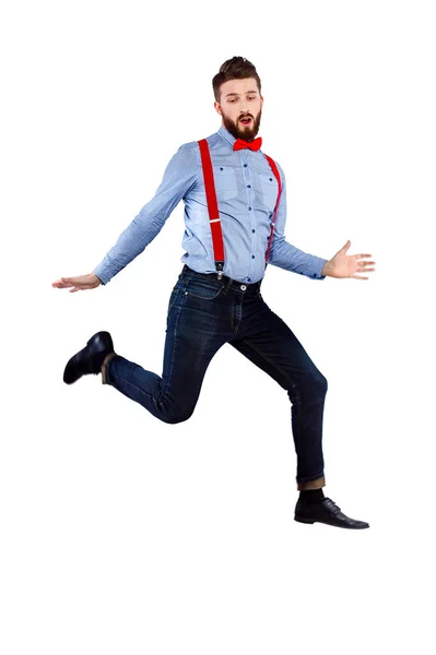 时尚的家伙在红色领结和吊带 iso 的蓝色衬衫 — 图库照片