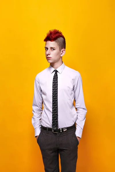 Adolescente de moda con mohawk rojo mirando hacia otro lado —  Fotos de Stock