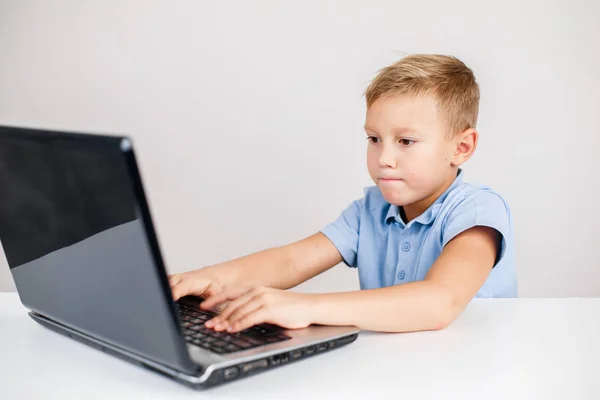 Blond pojke tittar på laptop Royaltyfria Stockbilder