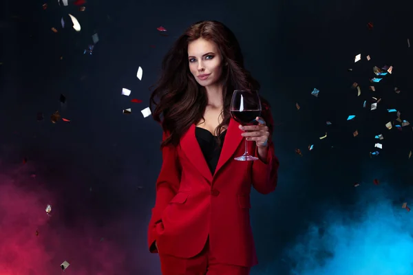 Beautiful brunette woman with wine — Stock Photo, Image