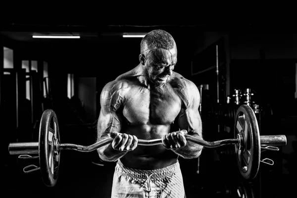 Musculoso culturista chico haciendo ejercicios en bíceps con gran mancuerna en el gimnasio — Foto de Stock