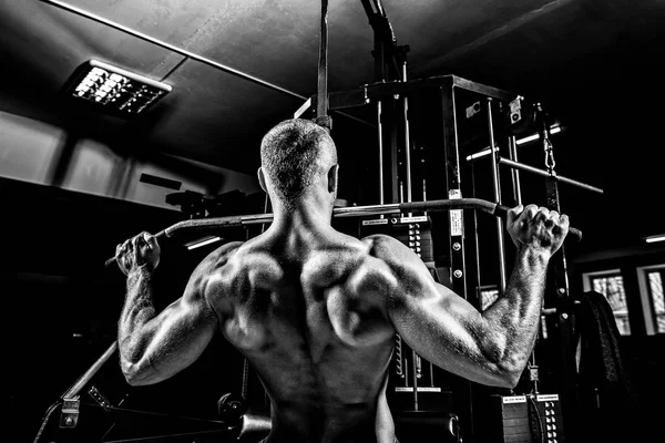 Ισχυρή Bodybuilder κάνει βαρύ βάρος άσκηση για πίσω στη μηχανή — Φωτογραφία Αρχείου