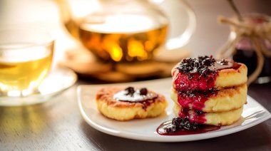 yeşil, papatya çayı ile beyaz tabakta tatlı peynir krep. Seçici odak. Sığ derinlik-in tarla.