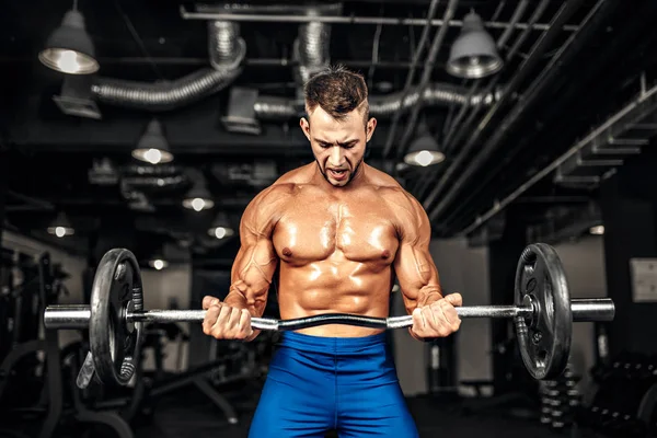 Αθλητικός τύπος νεαρό όμορφος Καυκάσιος bodybuilder που εργάζονται έξω με ένα barbell στο γυμναστήριο, κάνει δικέφαλου κατάρτιση. — Φωτογραφία Αρχείου