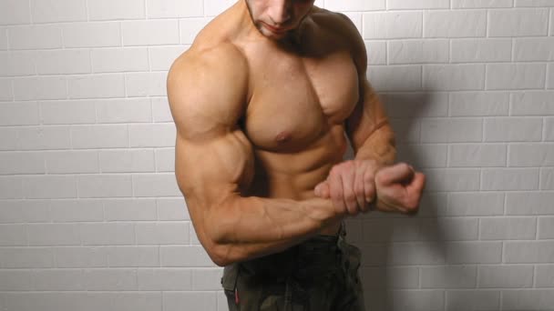Bodybuilder muskelbygge hans muskler — Stockvideo