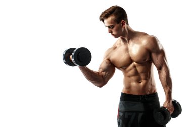 Muscular bodybuilder guy doing exercises with dumbbells over white background clipart