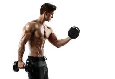 Muscular bodybuilder guy doing exercises with dumbbells over white background clipart