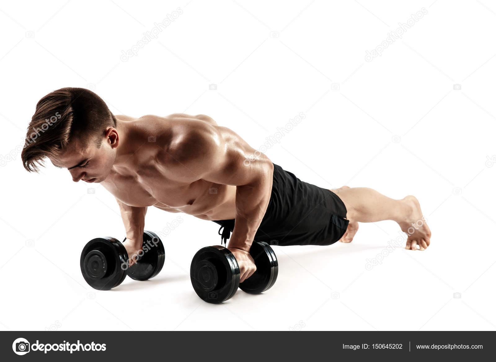 Muscular Bodybuilder Guy Doing Push Ups On Dumbbells From The