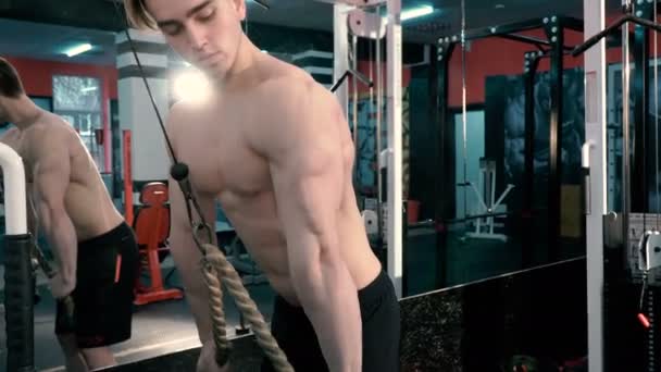 Jeune bodybuilder faisant l'exercice lourd de poids pour des triceps — Video