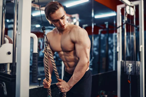 Schöner muskulöser Fitness-Bodybuilder, der schwere Kraftübungen für den Trizeps macht — Stockfoto