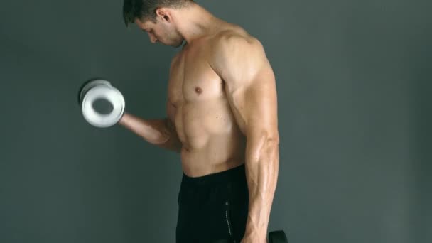 Concentrado fisiculturista topless realizando exercício bíceps com halteres . — Vídeo de Stock