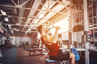 Arka üstünde makine için ağır egzersiz yaparak güçlü vücut geliştirmeci