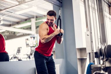 Yakışıklı kaslı Fitness vücut geliştirmeci Triceps için ağır egzersiz yaparak