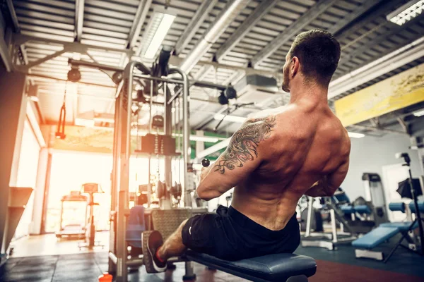 Arka üstünde makine için ağır egzersiz yaparak güçlü vücut geliştirmeci