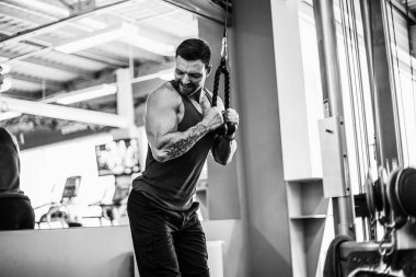 Yakışıklı kaslı Fitness vücut geliştirmeci Triceps için ağır egzersiz yaparak