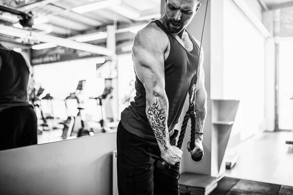 Yakışıklı kaslı Fitness vücut geliştirmeci Triceps için ağır egzersiz yaparak — Stok fotoğraf