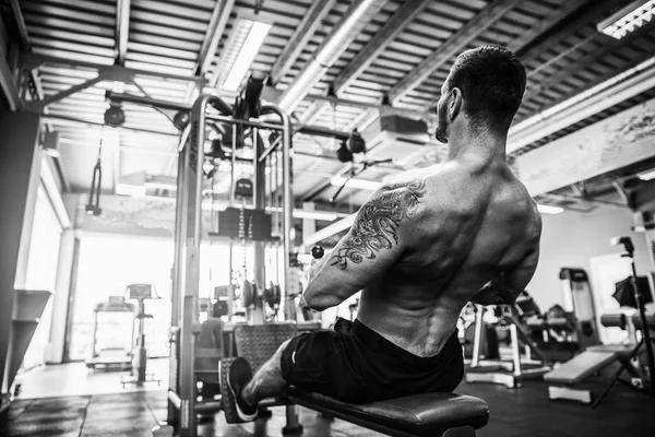 Arka üstünde makine için ağır egzersiz yaparak güçlü vücut geliştirmeci