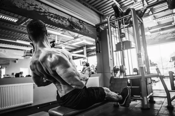 Arka üstünde makine için ağır egzersiz yaparak güçlü vücut geliştirmeci