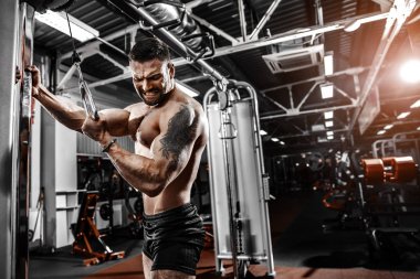 Yakışıklı kaslı Fitness vücut geliştirmeci Triceps için ağır egzersiz yaparak