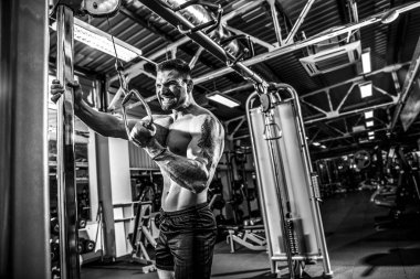 Yakışıklı kaslı Fitness vücut geliştirmeci Triceps için ağır egzersiz yaparak