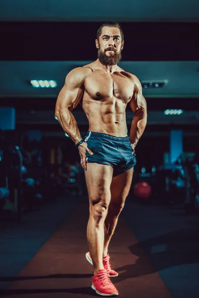 Αθλητής άνθρωπος μυϊκή bodybuilder που θέτουν στο γυμναστήριο. — Φωτογραφία Αρχείου