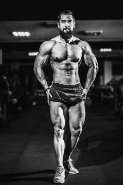 Spor salonunda poz atlet kaslı vücut geliştirmeci adam.