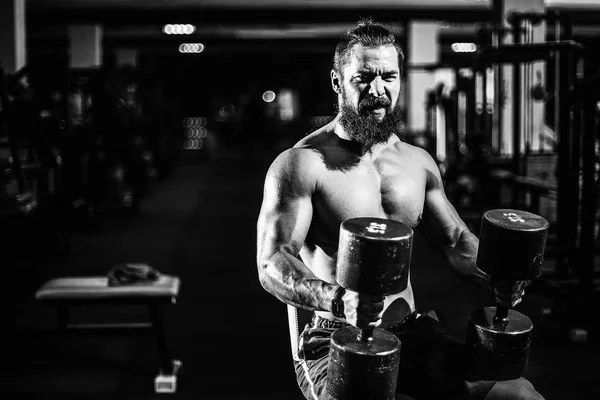 Hombre fuerte con grandes músculos, posando en la cámara en el gimnasio — Foto de Stock