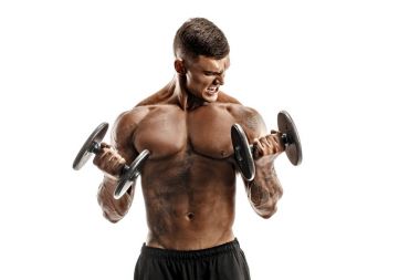 Strong topless man doing exercise with dumbbells clipart