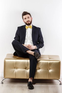 Siyah klasik kostüm zarif genç yakışıklı adam. Studio moda portre. Altın oturun.