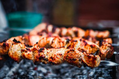 Metal şişte pişen ızgara kebap. Barbeküde pişmiş et. Geleneksel doğu yemeği, şiş kebap. Kömür ve alevler üzerine ızgara, piknik, sokak yemekleri