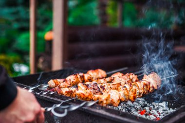 Metal şişte pişen ızgara kebap. Barbeküde pişmiş et. Geleneksel doğu yemeği, şiş kebap. Kömür ve alevler üzerine ızgara, piknik, sokak yemekleri