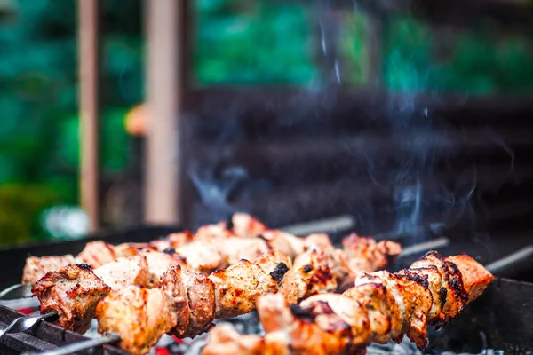 Grilled kebab cooking on metal skewer. Roasted meat cooked at barbecue. Traditional eastern dish, shish kebab. Grill on charcoal and flame, picnic, street food — Stock Photo, Image