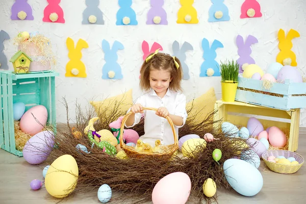 Charming little girl with small ducklings — Stock Photo, Image