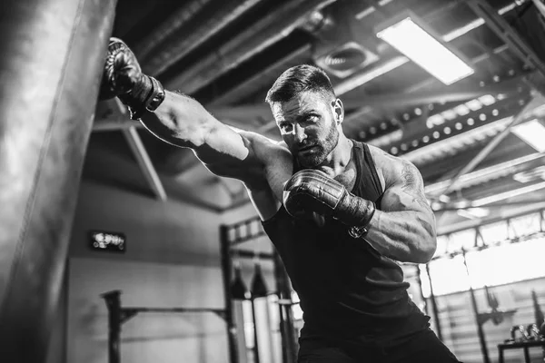 Male boxer training with punching bag in dark sports hall. — Stock Photo, Image