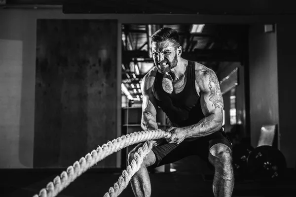 Men with rope in functional training gym — Stock Photo, Image