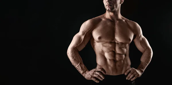 Unrecognizable Strong Athletic Sexy Muscular Man on Black Background — Stock Photo, Image