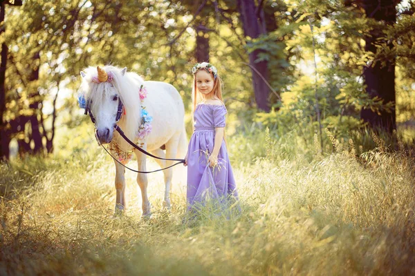Menina em vestido roxo abraçando cavalo unicórnio branco. Os sonhos tornam-se realidade. Conto de fadas — Fotografia de Stock