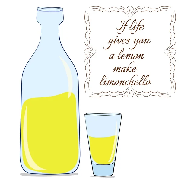 Limoncello. Tradtitional İtalyan ev yapımı limon likörü. Şişe limoncello veya limonata. Motivasyonel teklif. Hayat sana limon verirse, limoncello olun