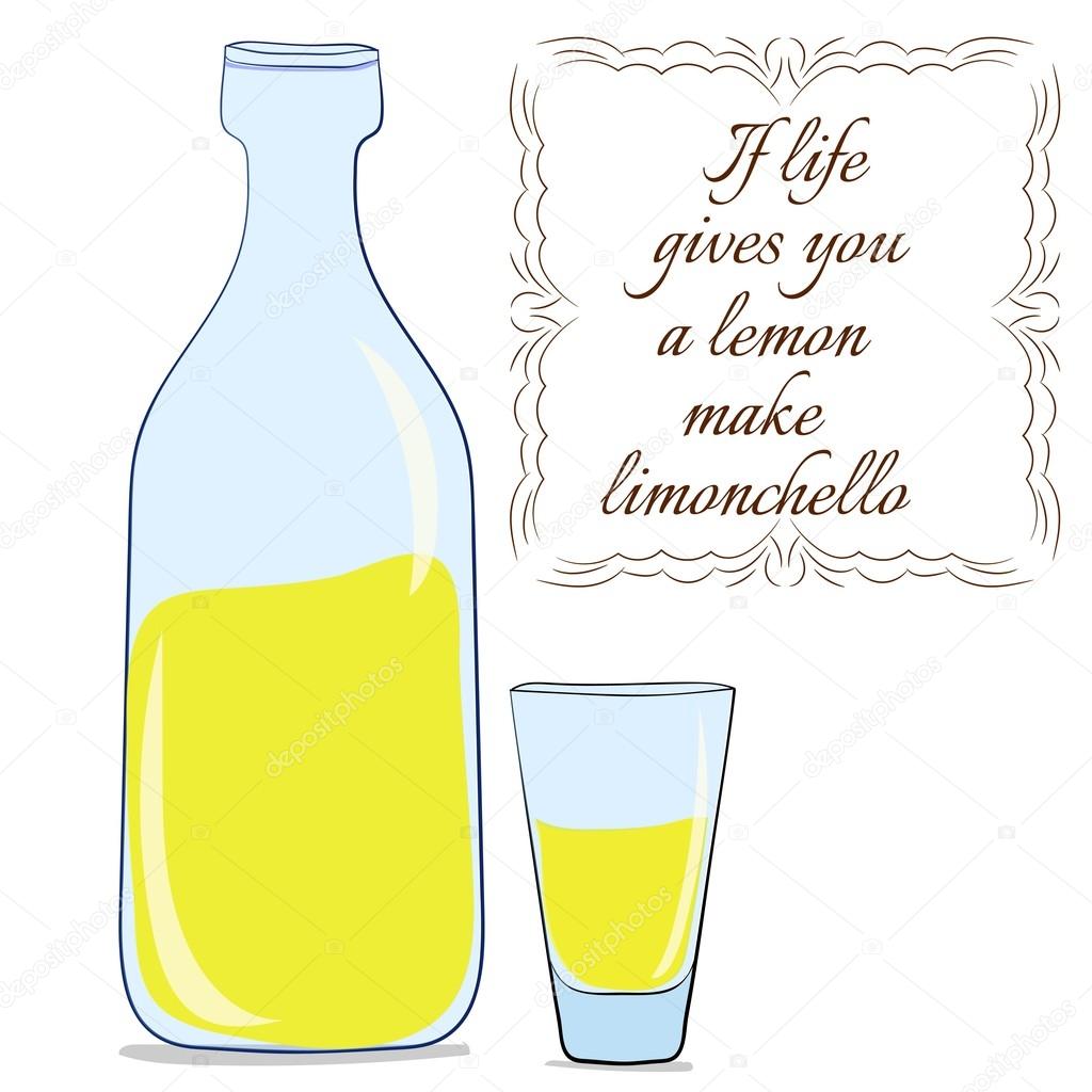 Limoncello. Tradtitional italian homemade lemon liquor. Bottle with limoncello or lemonade. Motivational quote. If life gives you a lemon, make limoncello