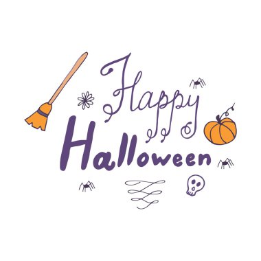 El kartı süpürge, kabak, kafatası ve ifade Cadılar Bayramın kutlu olsun yazı el ile çizilmiş.