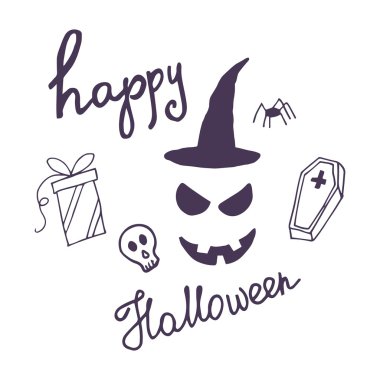 Korkutucu yüz, tabut, bugünü, kafatası ve el yazı ifade mutlu Halloween ile çizilmiş kart el.