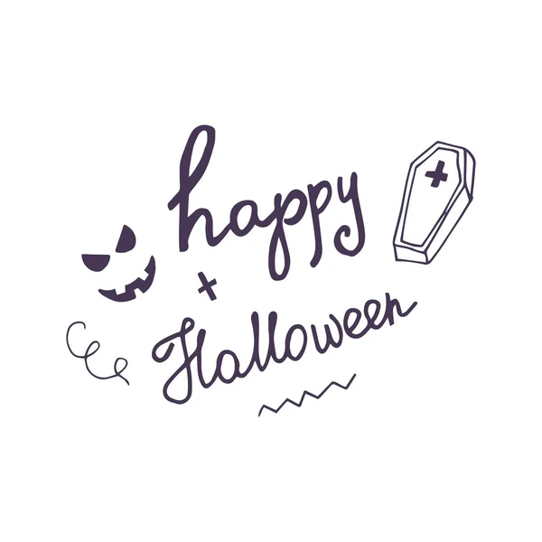 Cartão desenhado à mão com rosto assustador, caixão e frase lettering mão Feliz Halloween . — Vetor de Stock