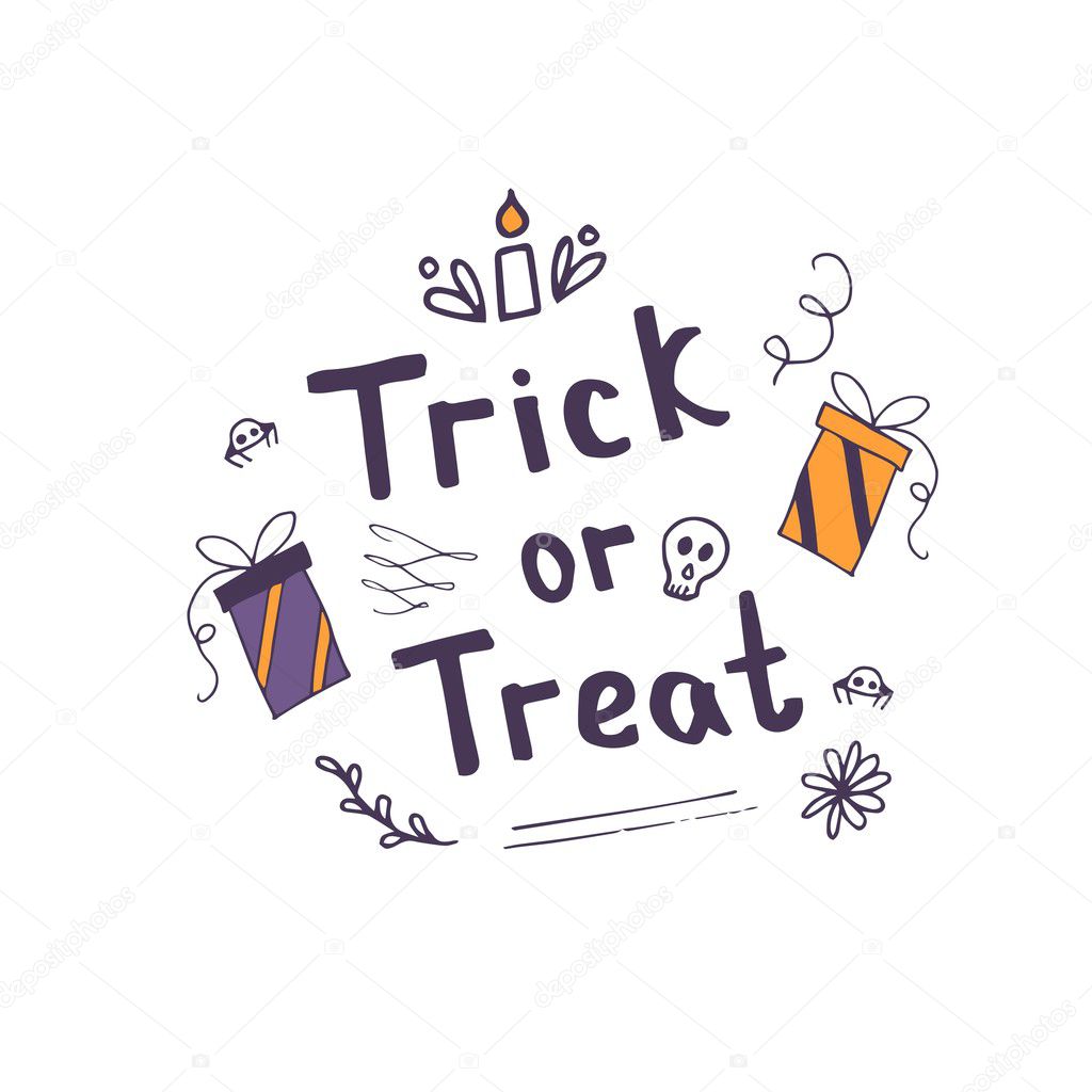 Hand drawn card with skull, present and hand lettering phrase Trick or Treat.