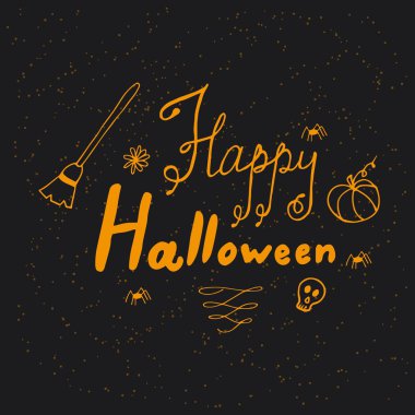 El kartı süpürge, kabak, kafatası ve ifade Cadılar Bayramın kutlu olsun yazı el ile çizilmiş.